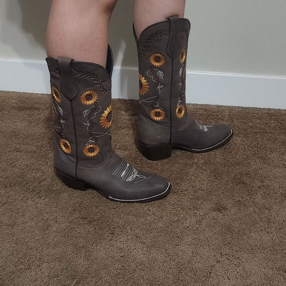 Mexican sunflower leather cowgirl boots size 9.5 womens new botas cuero stitched - Picture 3 of 11